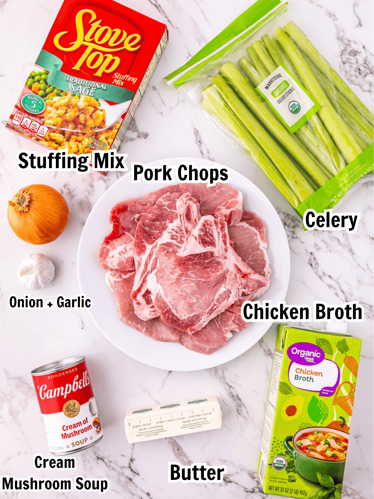 ingredients including stuffing mix, celery, onion, pork chops, garlic, broth, butter, and cream soup.