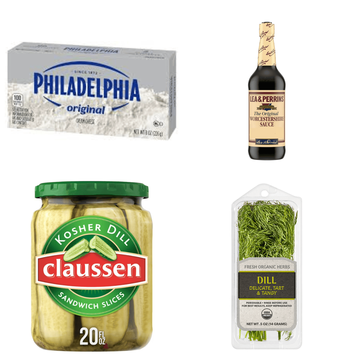 ingredients including cream cheese, Worcestershire sauce, Claussen pickles, and fresh dill.