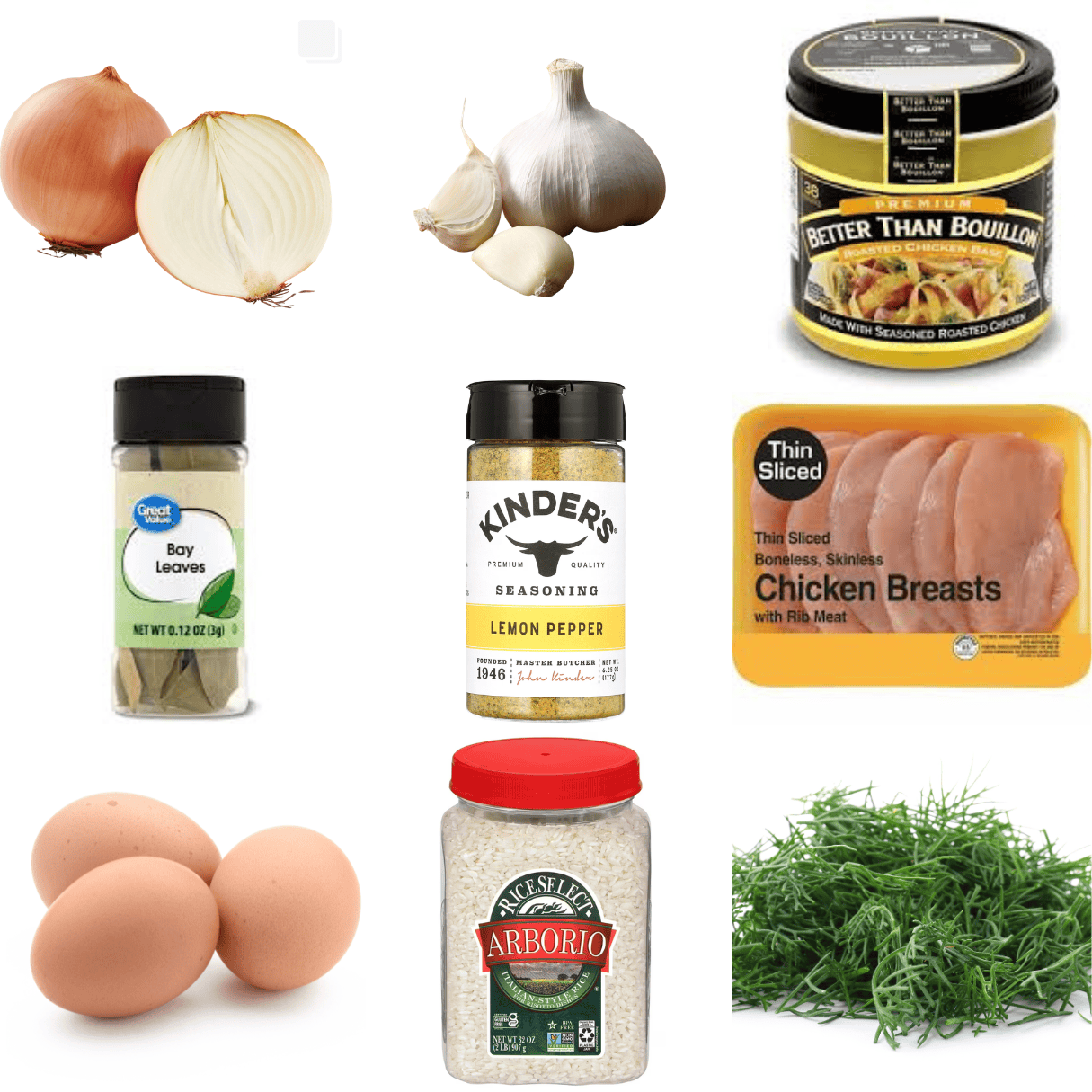 ingredients including onion, garlic, better than bouillon, chicken breasts, eggs, arborio rice and dill. 