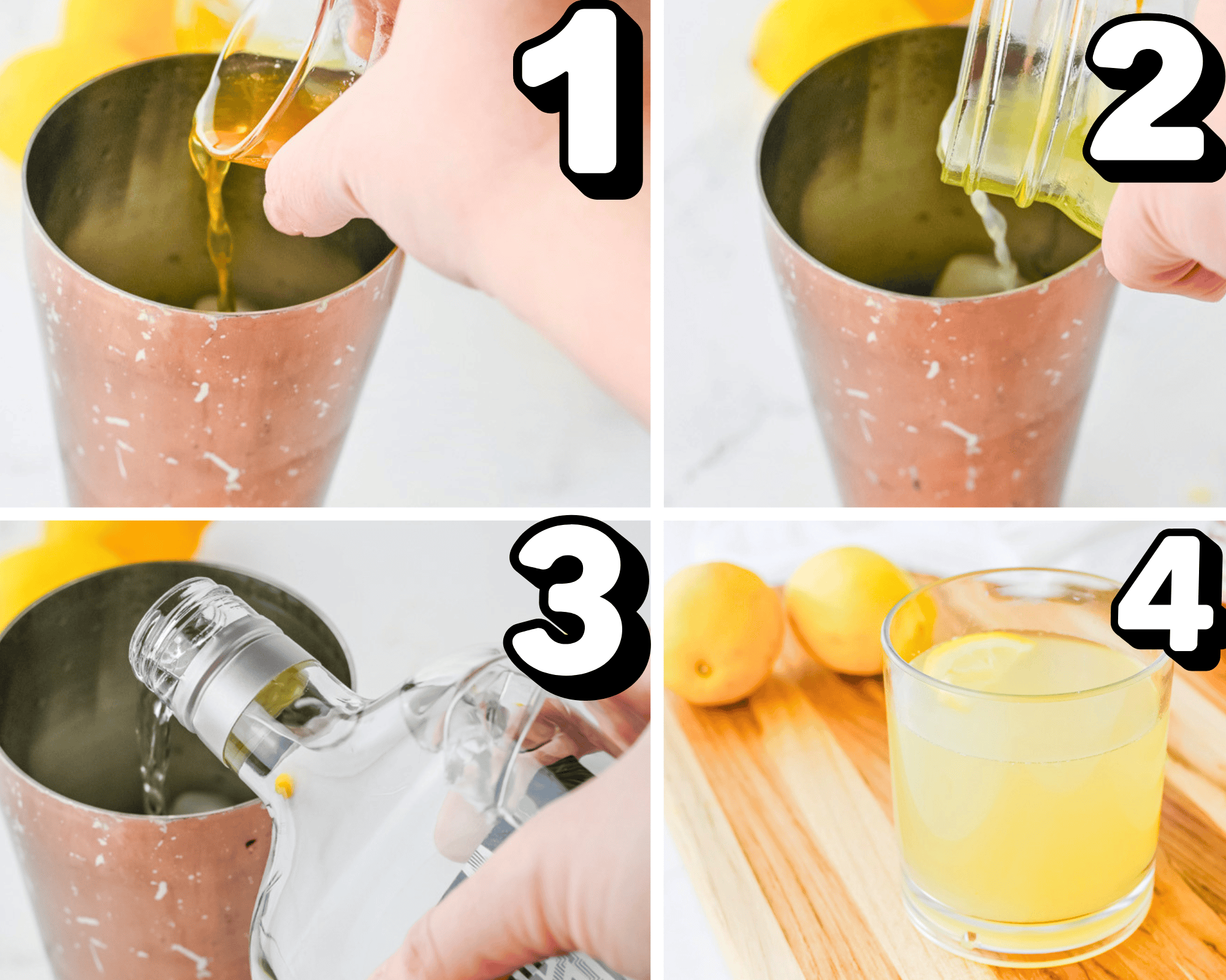 a 4 image collage showing how to mix honey syrup, lemon juice and gin in a copper cocktail shaker.