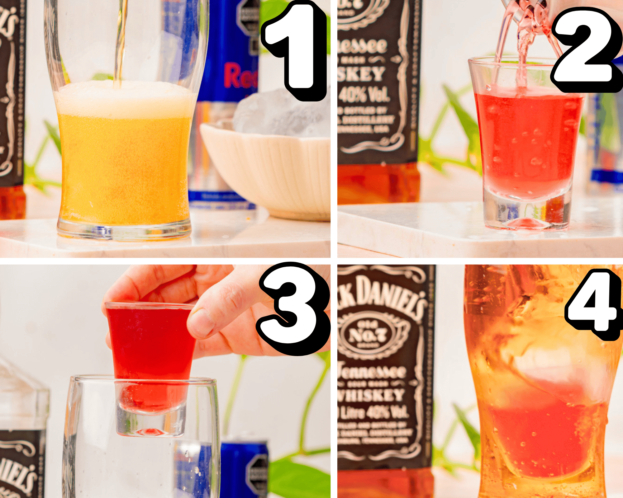 a 4 image collage showing how to pour Red Bull into a glass, use a cocktail shaker, and drop a shot into a glass.