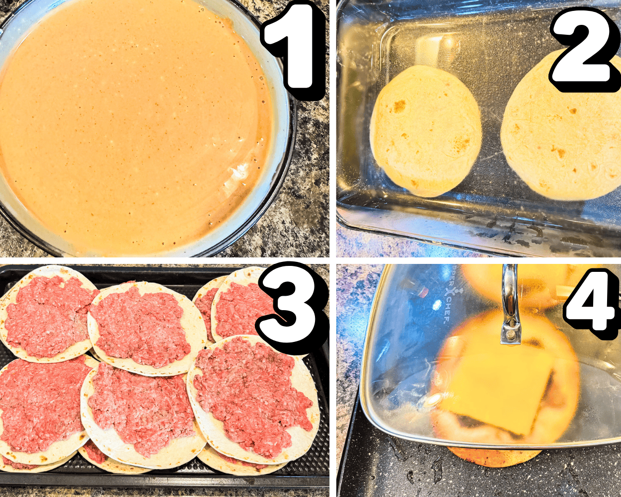 a 4 image collage showing how to make big mac sauce, and how to add beef and cheese to tortillas.