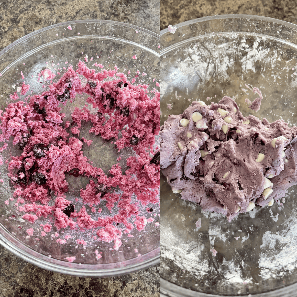 a 2 image collage showing how to mix blueberries and white chocolate chips into cookie dough.