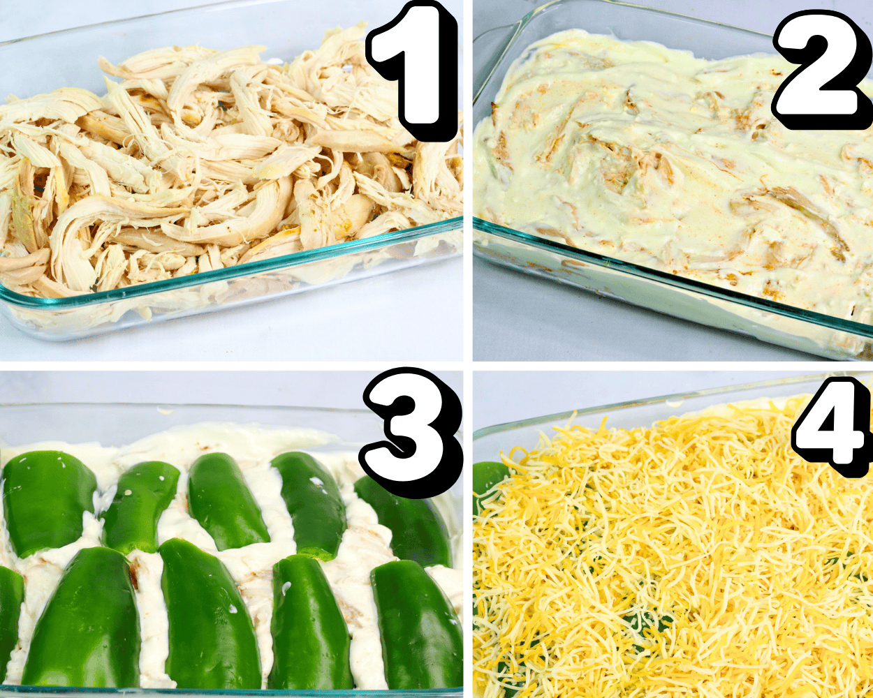 a 4 image collage showing how to layer chicken, cream cheese, jalapenos, and cheese in a casserole dish.