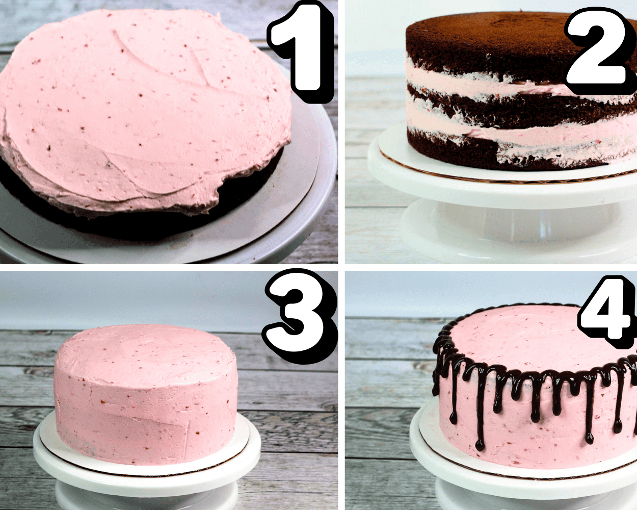 a 4 image collage showing how to frost, layer, and add chocolate ganache to a chocolate strawberry cake.