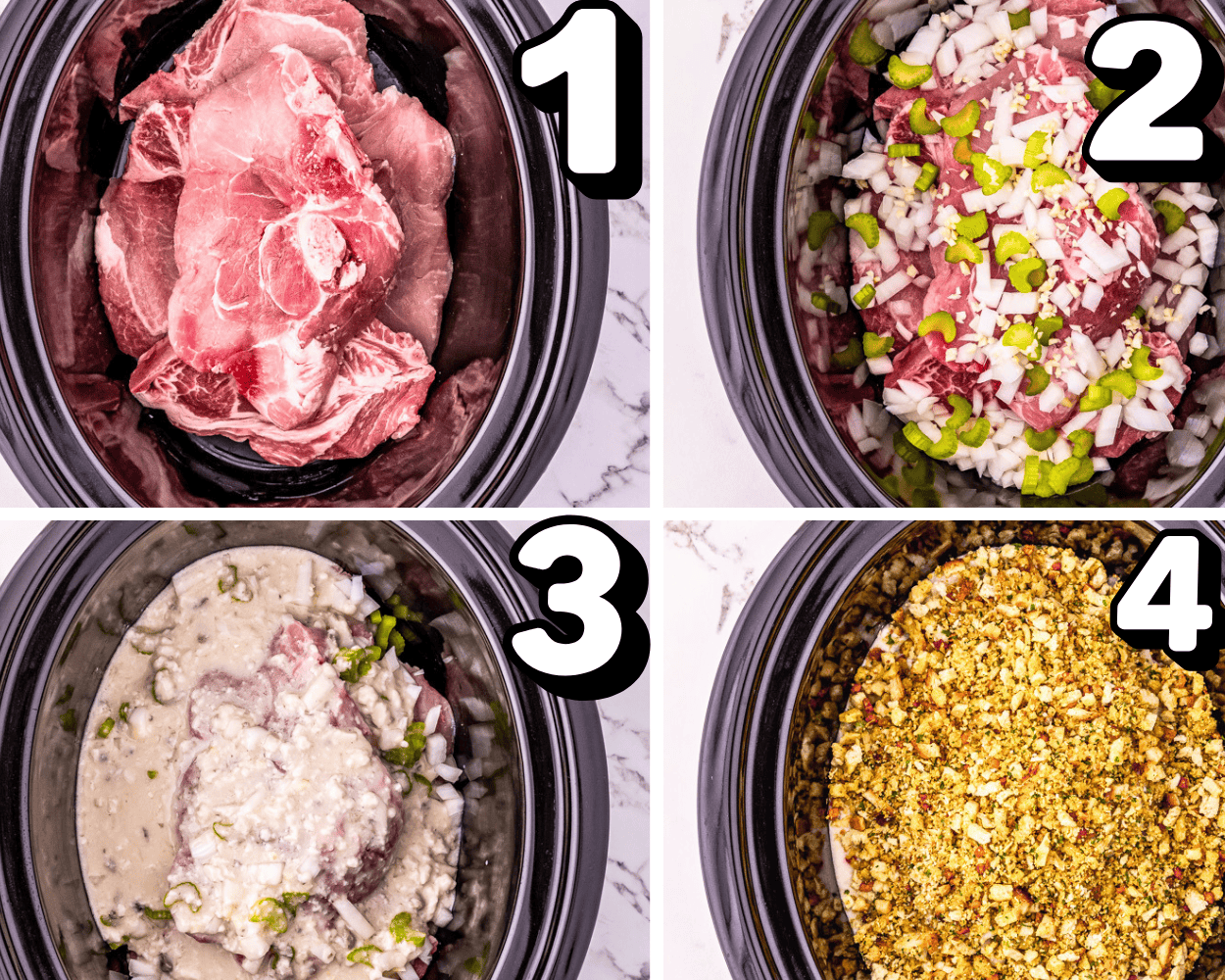 a 4 image collage showing how to layer pork chops, onion, celery, soup, and stuffing in a crock pot.