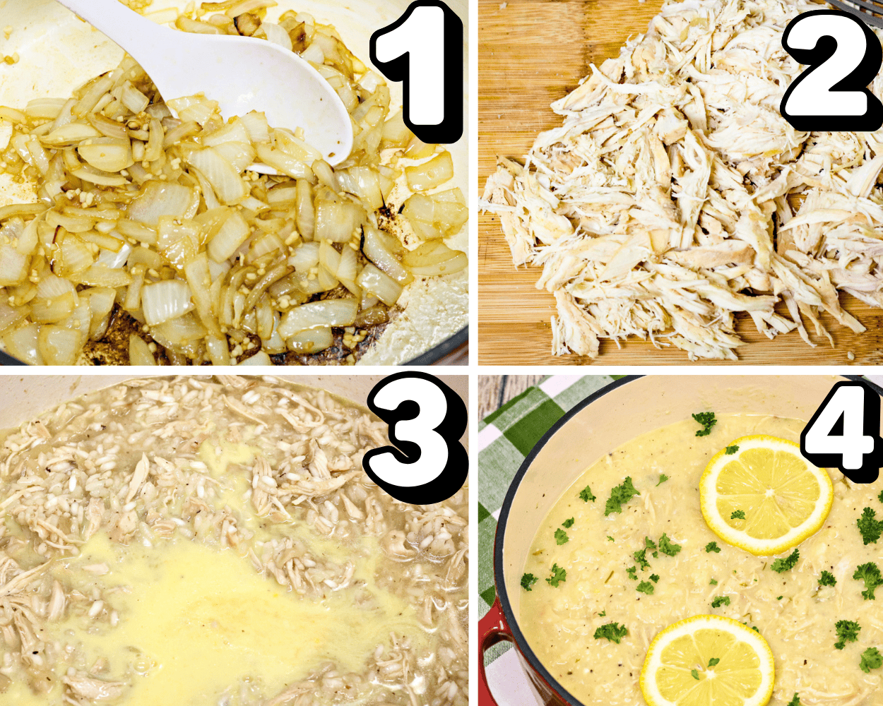 a 4 image collage showing how to sauté onions and garlic, shred chicken, and cook arborio rice.