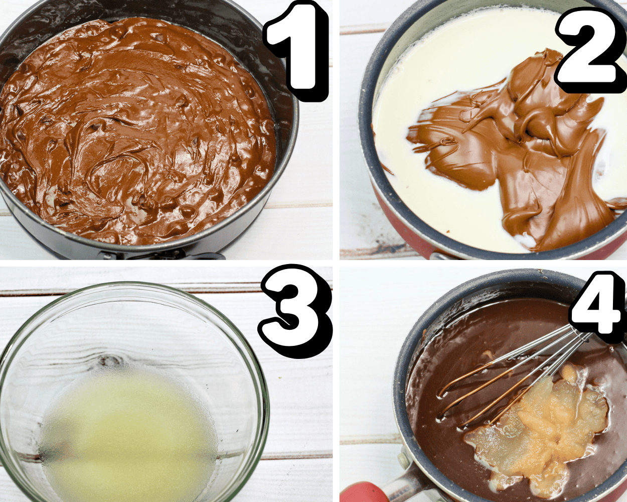 a 4 image college showing how to make the brownie base, Nutella mousse, bloom gelatin, and mix gelatin into mousse.