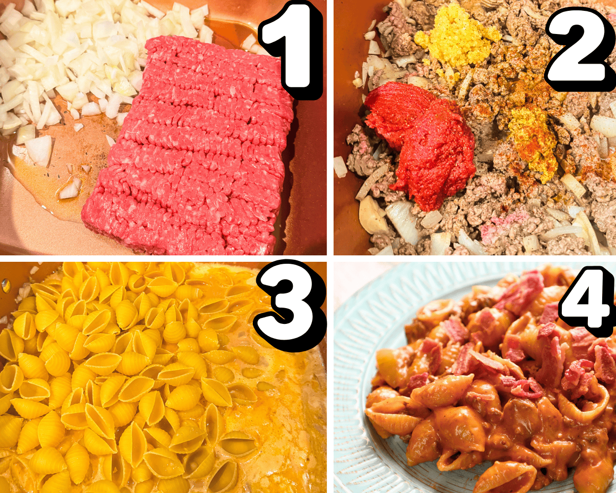 a 4 image collage showing how to brown ground beef, onions, stir in tomato paste, and dry mustard, and adding pasta.