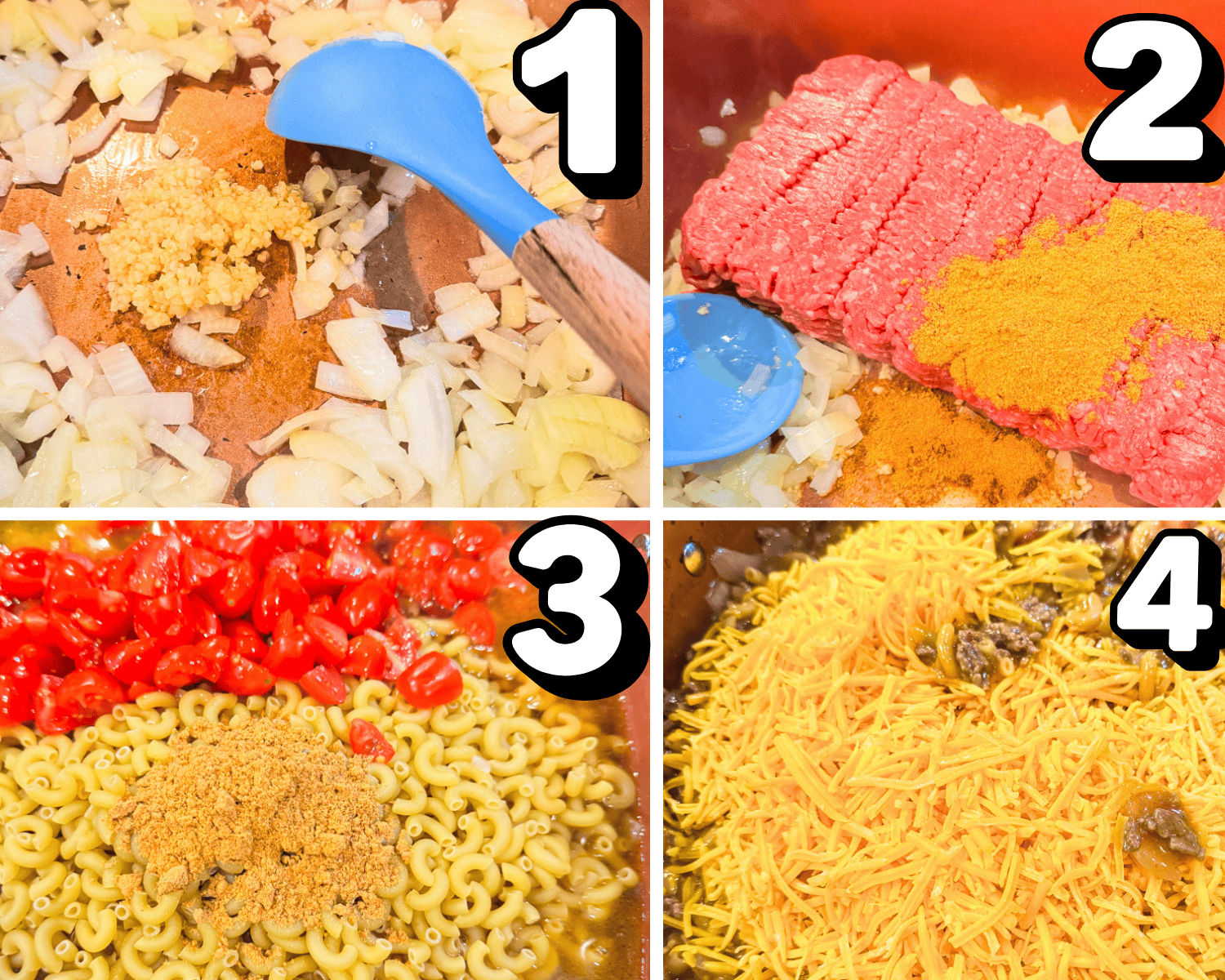 a 4 image collage showing how to cook onions, brown ground beef, and stir in tomatoes and cheese for taco pasta.