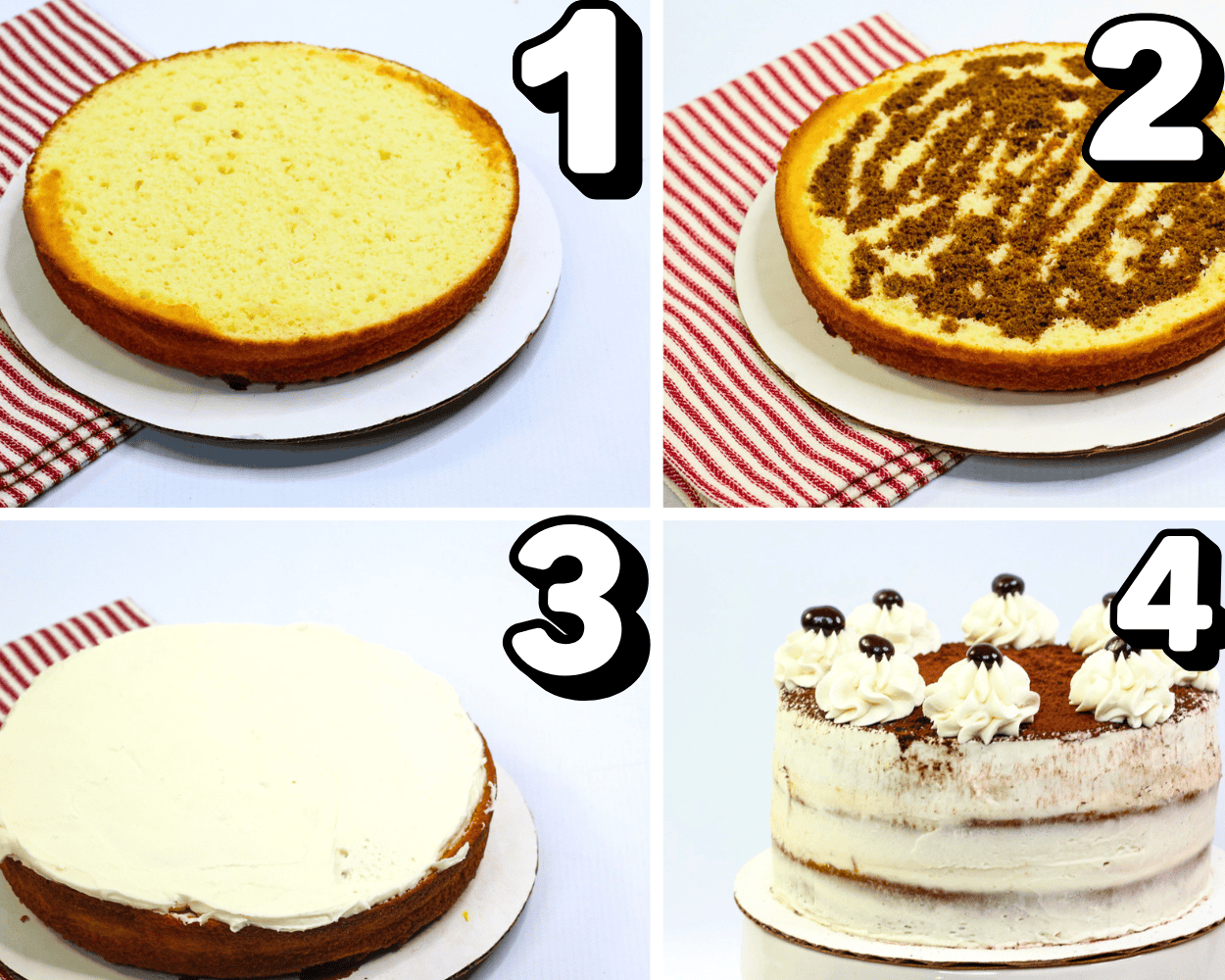 a 4 image collage showing how to layer, soak, and frost a tiramisu cake.