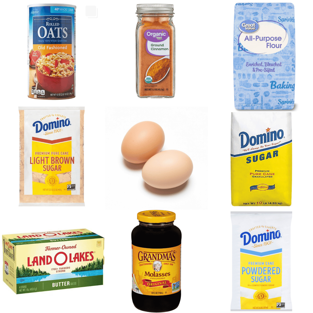 ingredients including rolled oats, cinnamon, flour, brown sugar, eggs, sugar, butter, molasses, and powdered sugar.