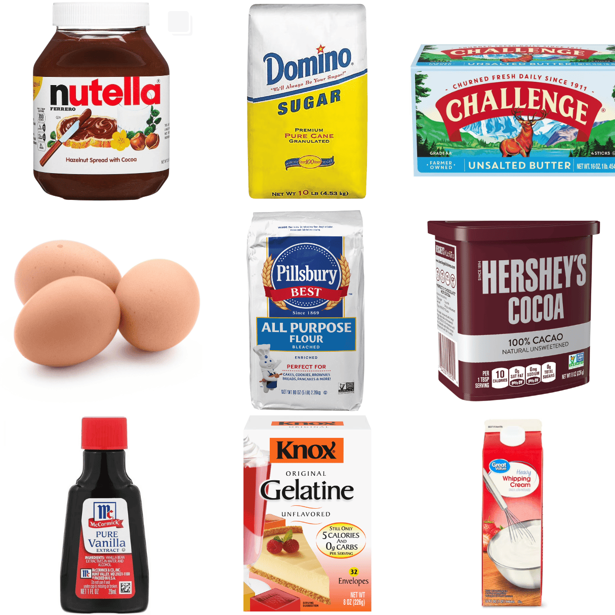 ingredients including Nutella, sugar, butter, eggs, flour, cocoa, vanilla, gelatin, and whipping cream.