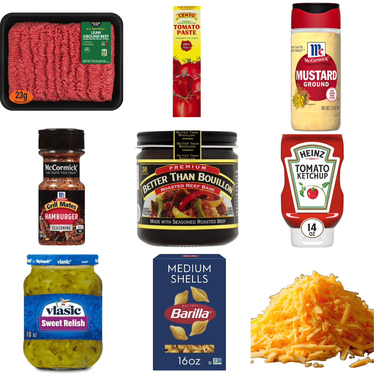 ingredients including ground beef, tomato paste, ground mustard, hamburger seasoning, ketchup, shells, and cheese.