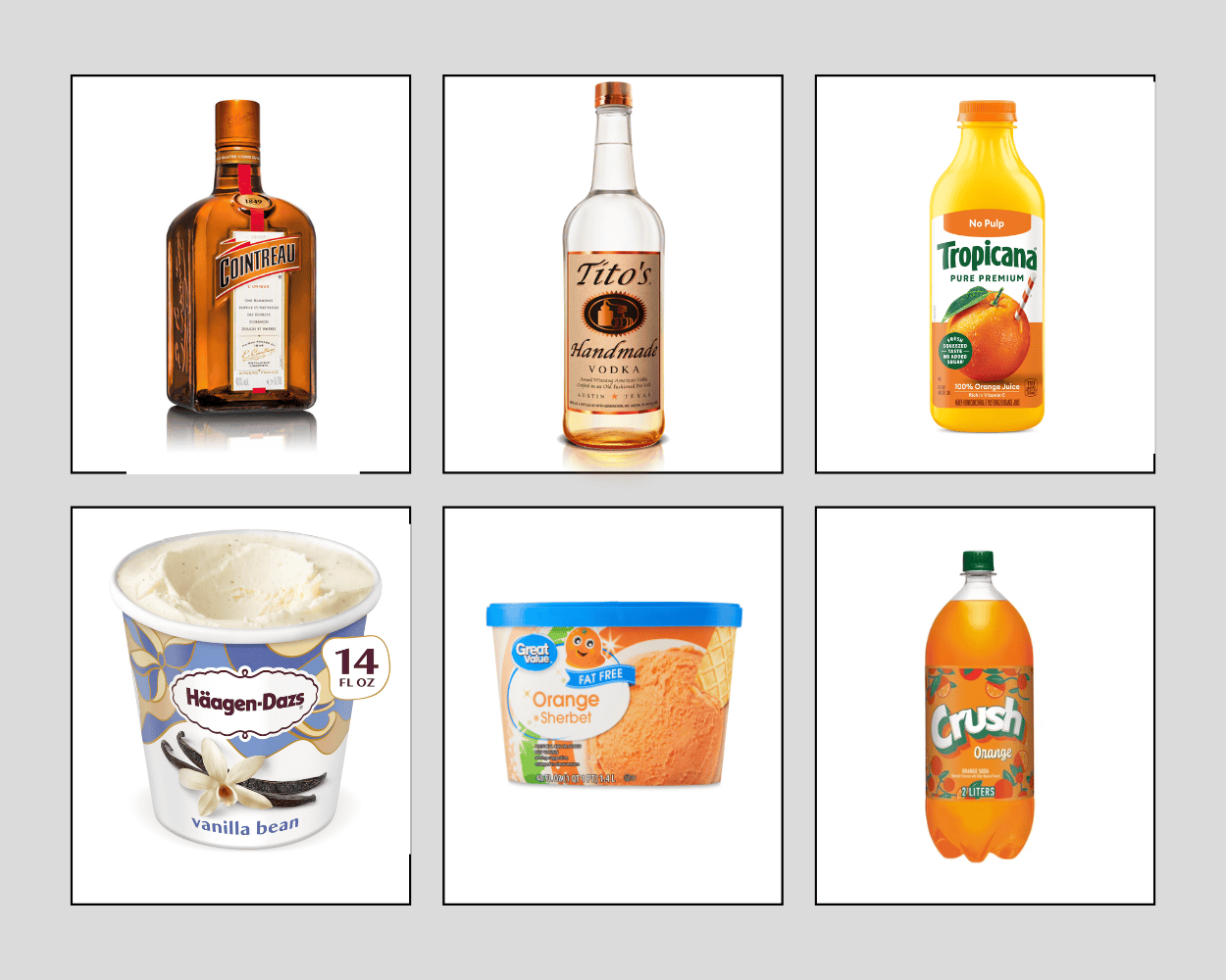 ingredients including Cointreau, Tito's vodka, Tropicana, vanilla ice cream, orange sherbet, and orange soda.