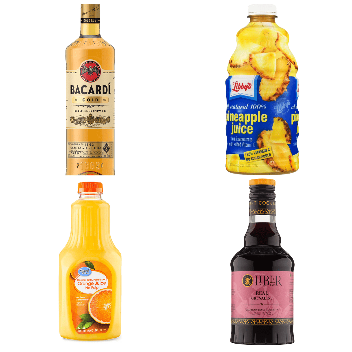 ingredient including Bacardi Gold rum, pineapple juice, orange juice, and Liber grenadine.