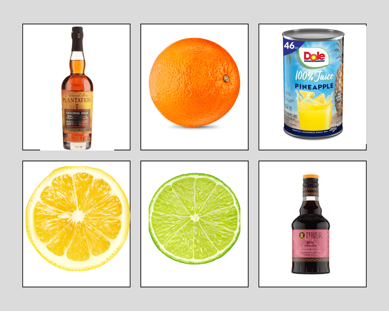 ingredients including dark rum, an orange, pineapple juice, lemon, lime, and grenadine.