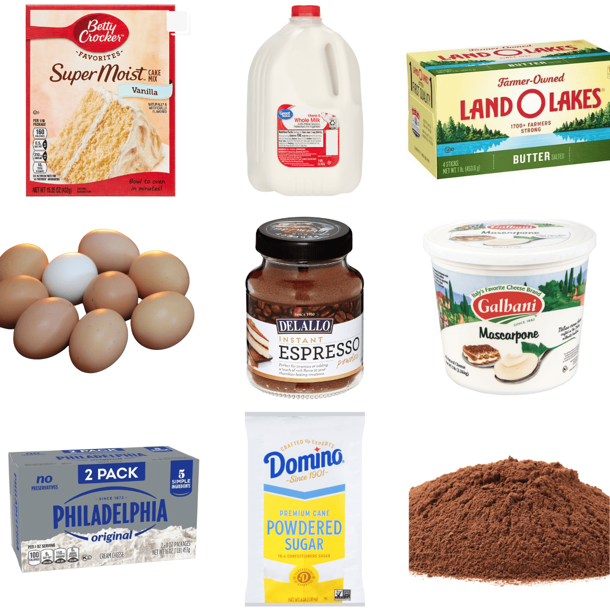 ingredients including cake mix, milk, butter, eggs, espresso powder, mascarpone, cream cheese, and powdered sugar.