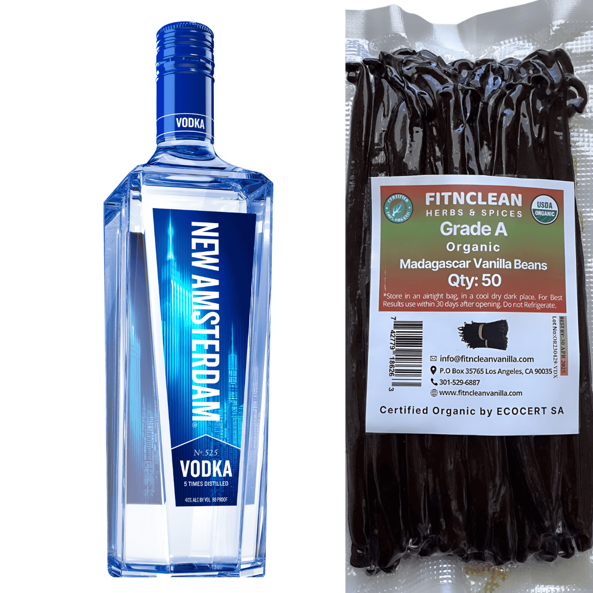 2 ingredients in a collage: New Amsterdam Vodka and Madagascar vanilla beans.