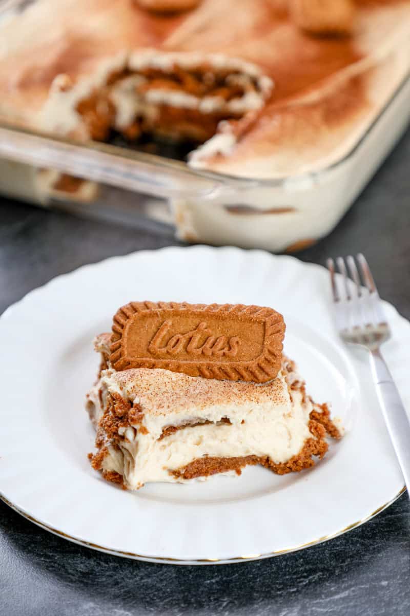 a slice of Bisoff tiramisu with a pan of it in the background.