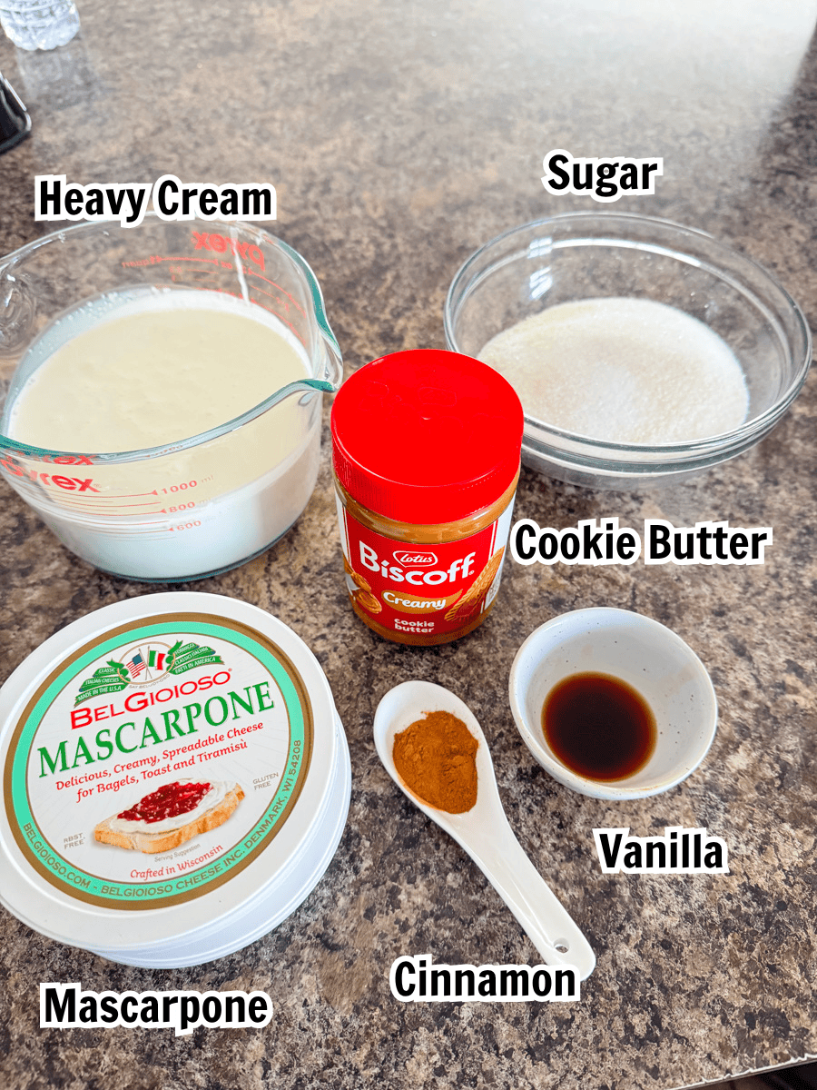 ingredients including heavy cream, mascarpone, cookie butter, sugar, vanilla, and cinnamon.