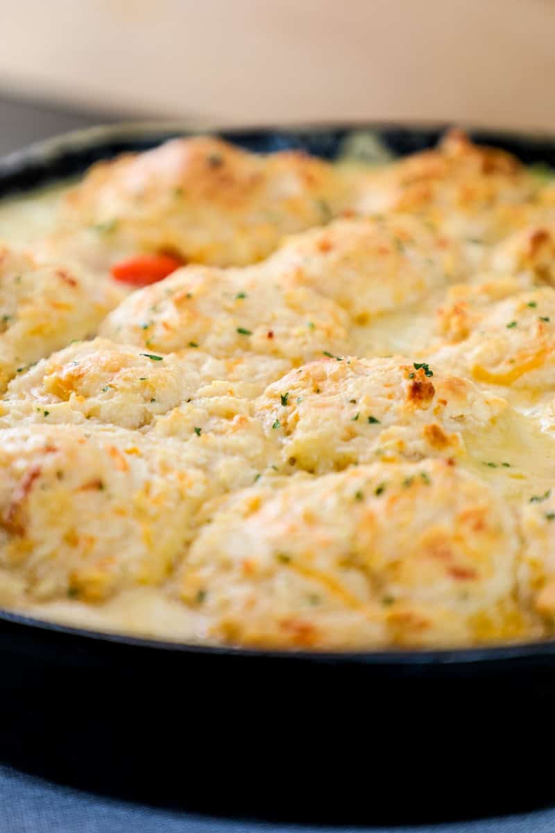 a closeup of a chicken pot pie topped with a cheddar bay biscuit topping.