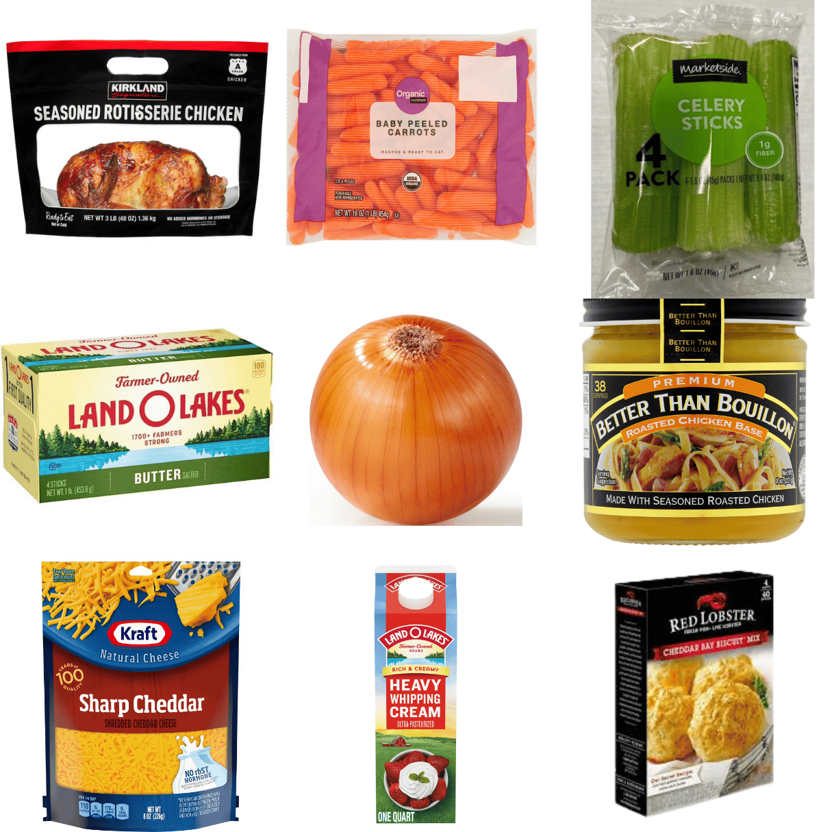 ingredients including rotisserie chicken carrots, celery, butter, onion better than bouillon, cheese, and cheddar bay biscuit mix.