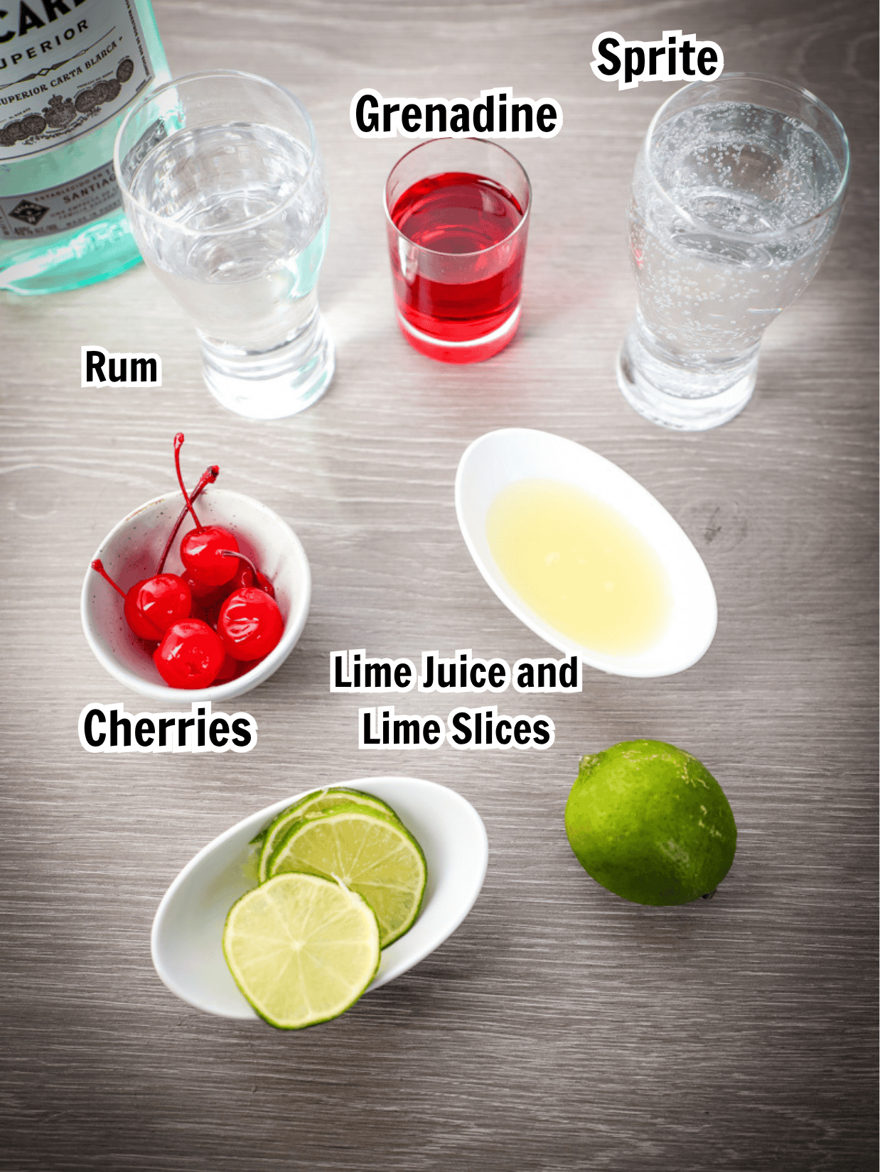 ingredients including white rum, grenadine, sprite, cherries, limes, and lime juice.