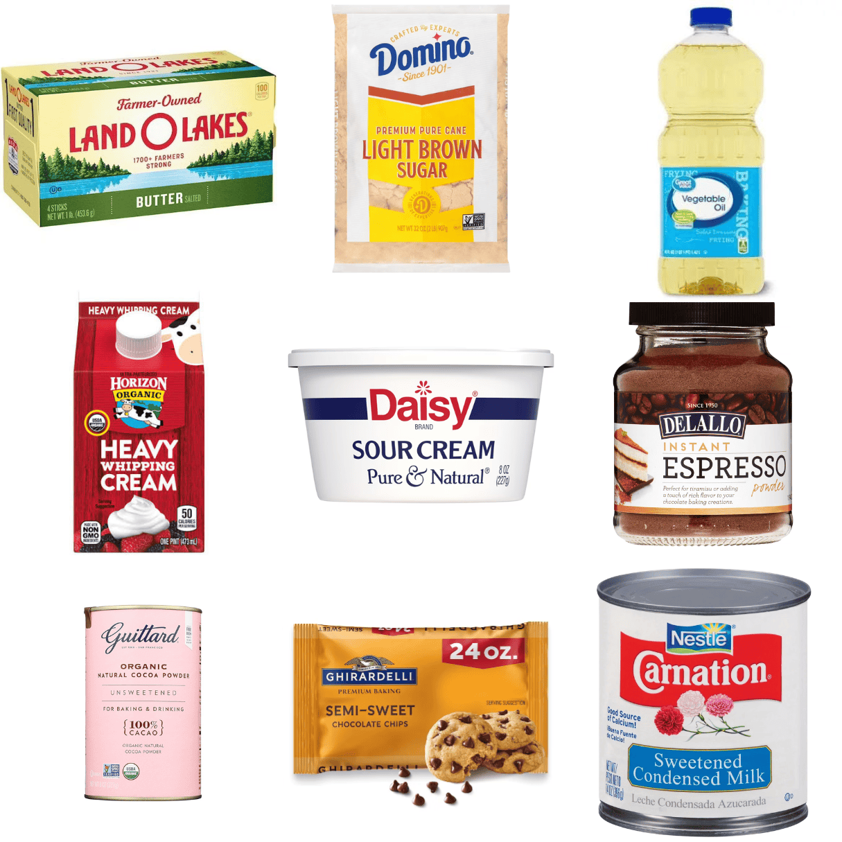 ingredients including butter, brown sugar, oil, heavy cream, sour cream, espresso powder, cocoa powder, and chocolate chips.