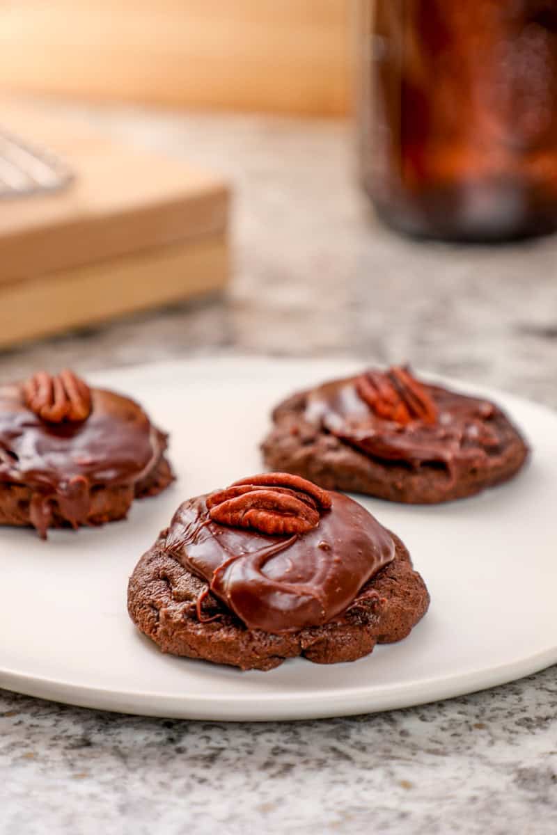 chocolate drop cookies with chocolate fudge frosting on a white plate. 