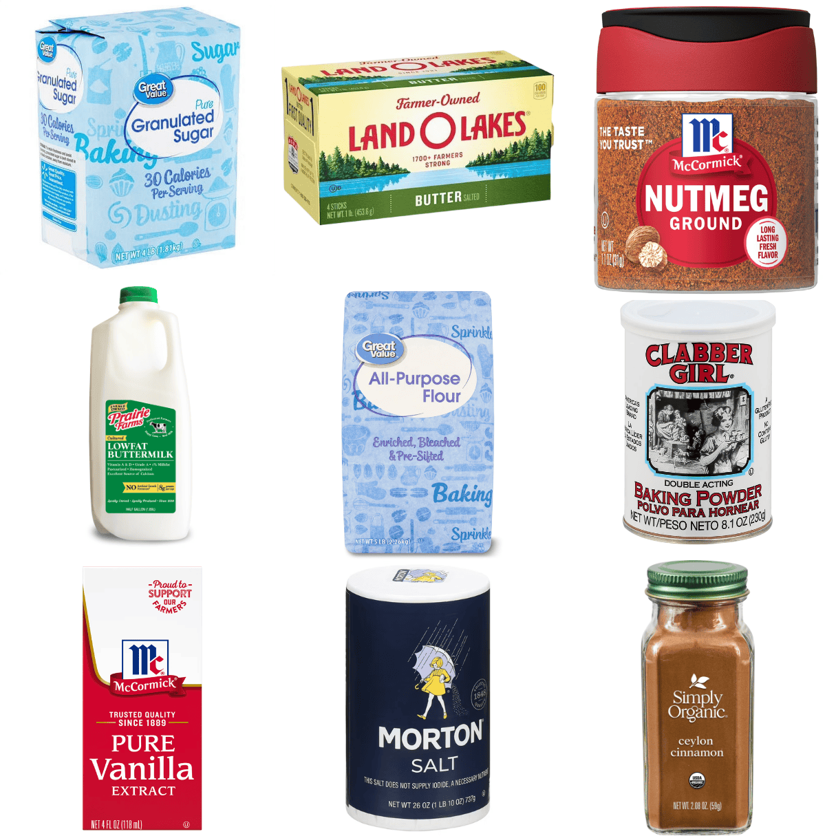 ingredients including sugar, butter, nutmeg, buttermilk, flour, baking powder, vanilla, salt, and cinnamon.