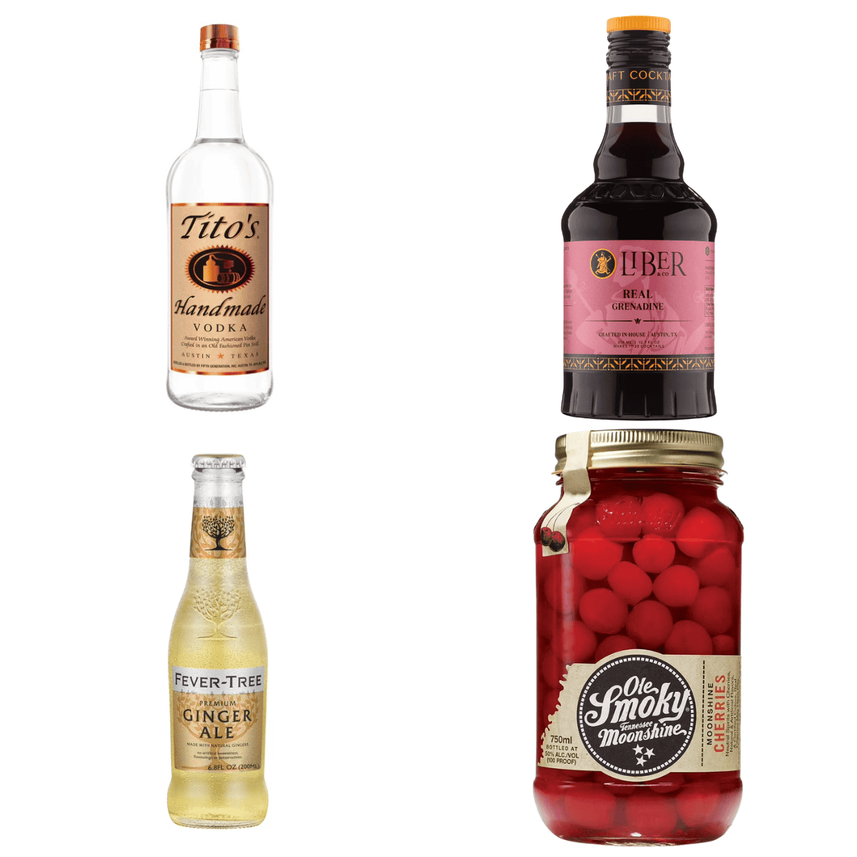 ingredients including Tito's vodka, Liber & Co Grenadine, Fever Tree ginger ale, and moonshine cherries.