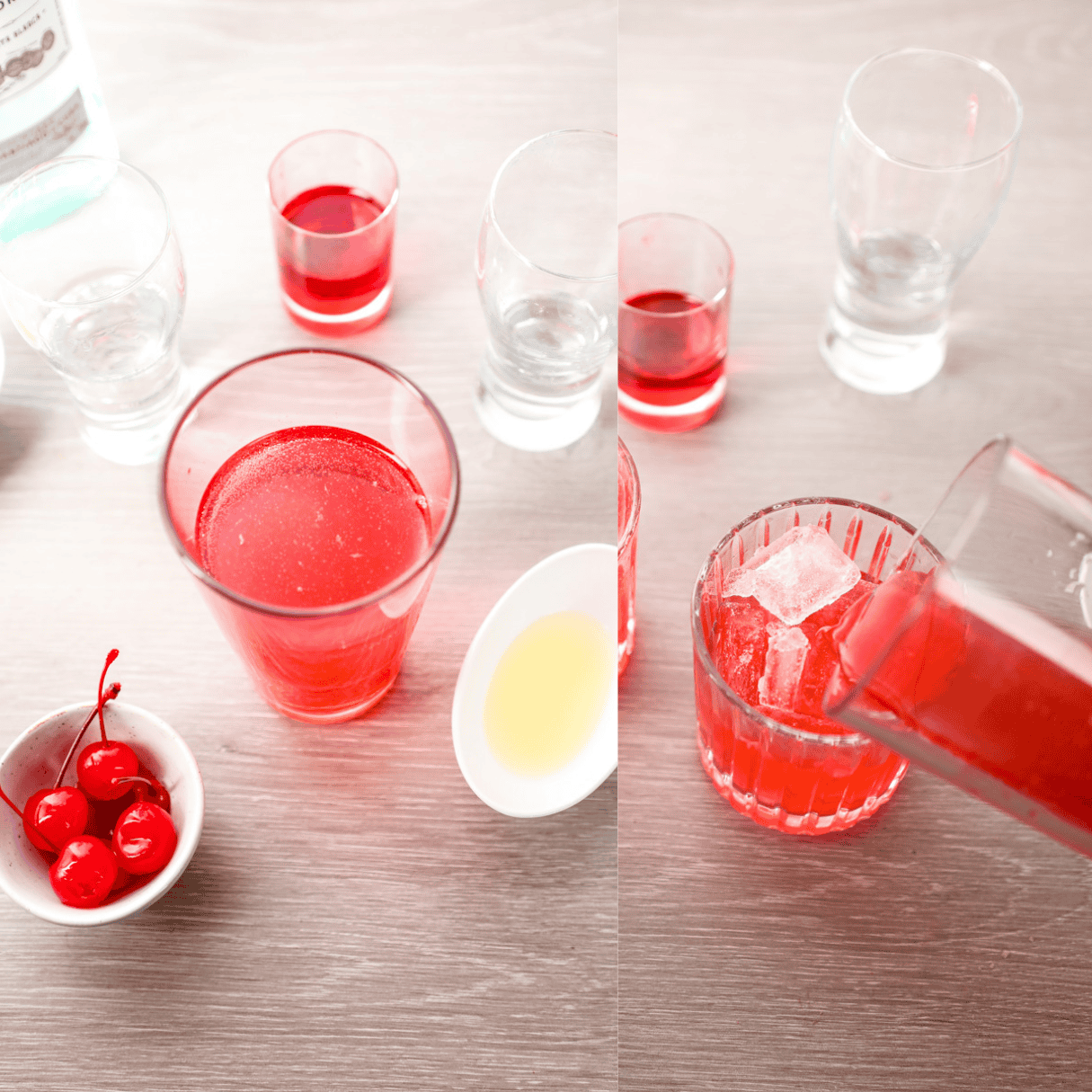 a 2 image collage showing how to mix and pour a cherry bomb drink in a glass.