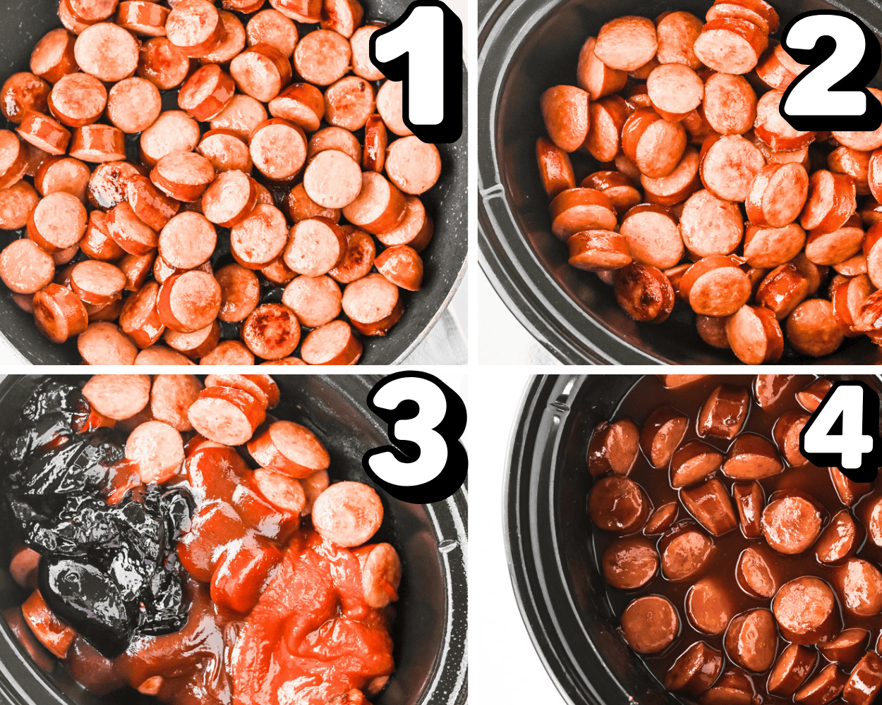 a 4 image collage showing how to brown kielbasa, add it to the crock pot, and add the sauces. 