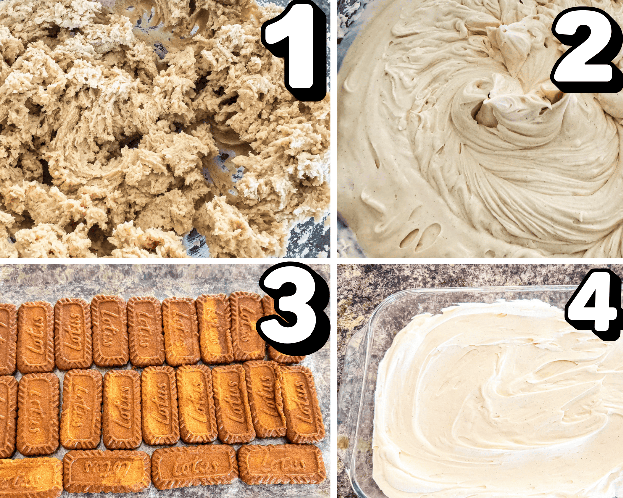 a 4 image collage showing how to make cookie butter cream and layer bisoff cookies and the cream in a 9x13