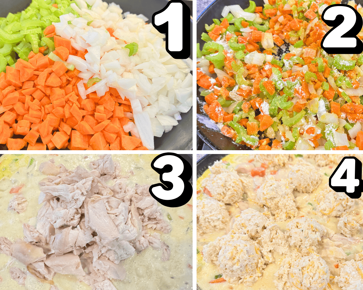 a 4 image collage showing how to cook vegetables, make a roux, make a sauce, and top a pot pie with biscuits.
