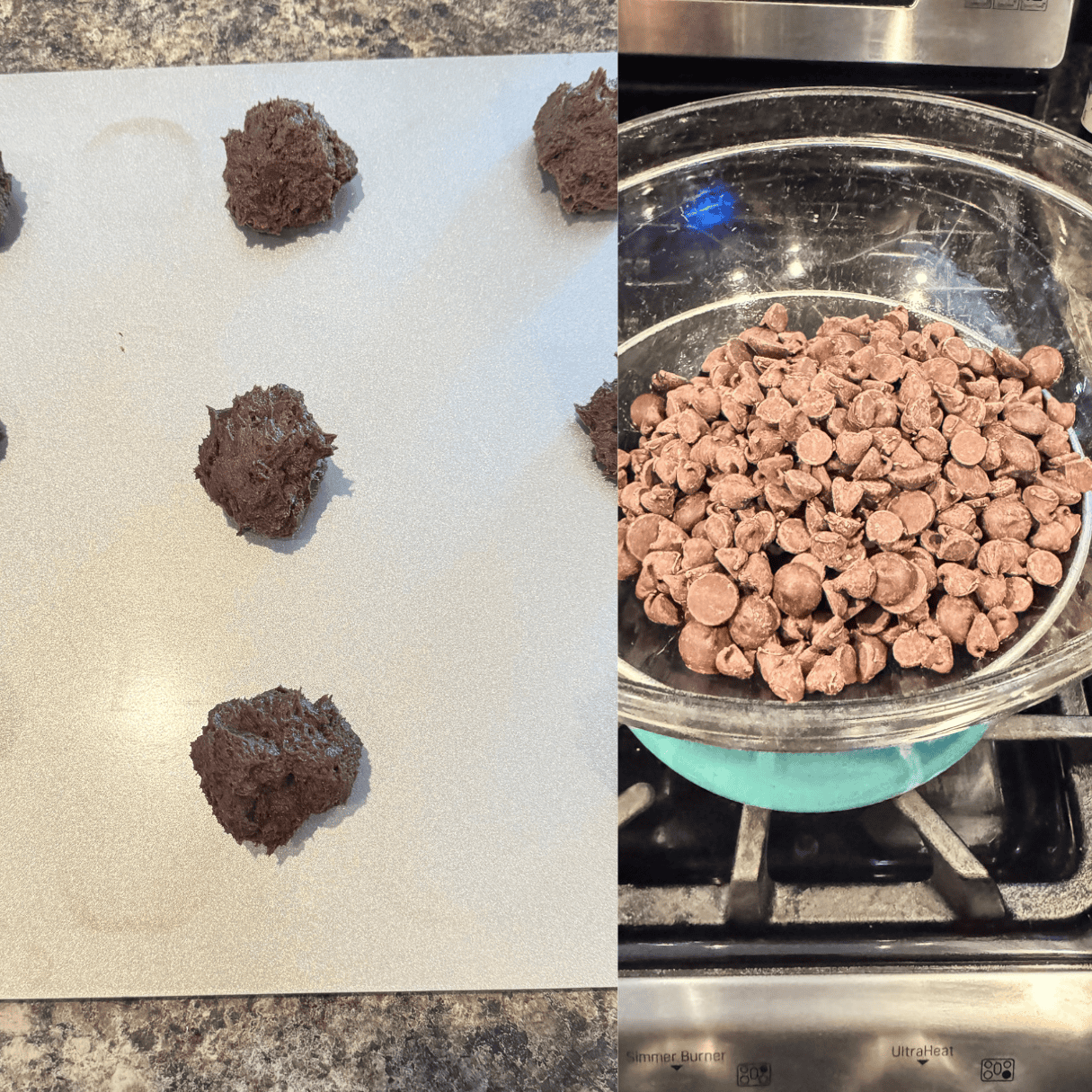  2 image collage showing raw cookie dough balls on a baking sheet and chocolate chips in a double boiler. 