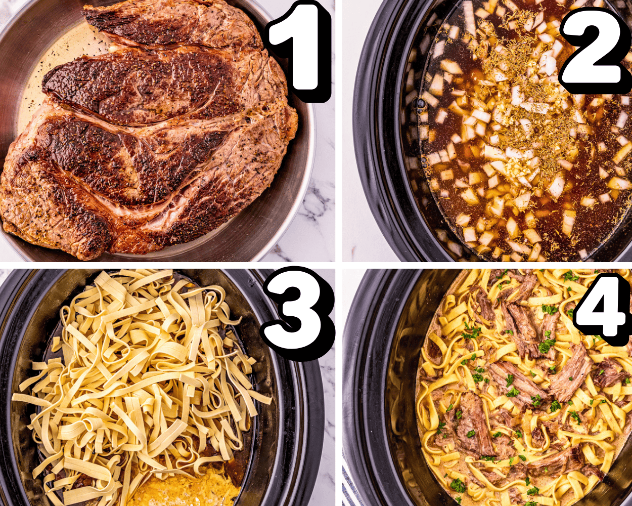a four image collage showing how to sear a chuck roast and how to assemble noodles, broth, onions, and thyme in the slow cooker.
