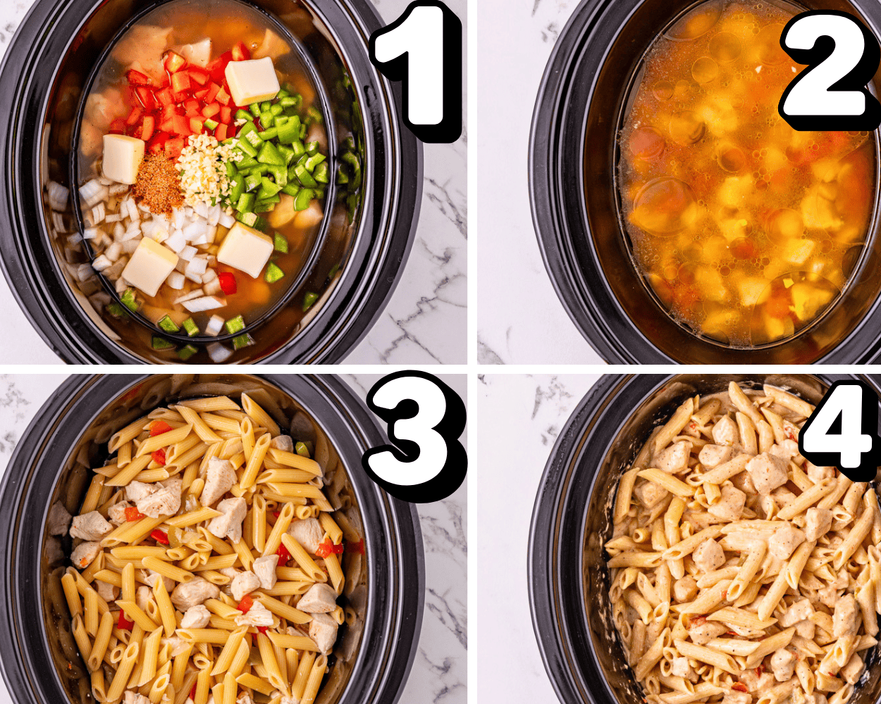 a 4 image collage showing how to make cajun chicken pasta in the slow cooker.