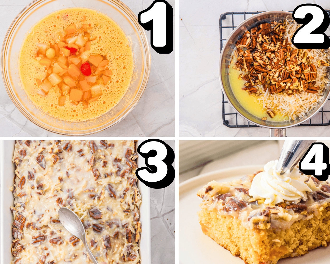 a 4 image collage showing how to make the batter  and topping, how to spread the topping and piping whipped cream.