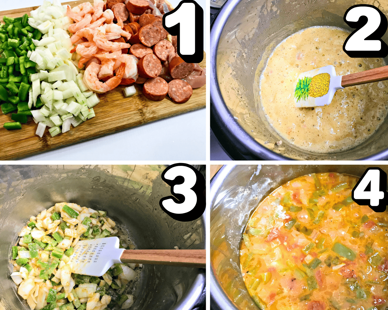 a 4 image collage showing how to make a roux, cook the vegetables, and built the broth for gumbo in the Instant pot.