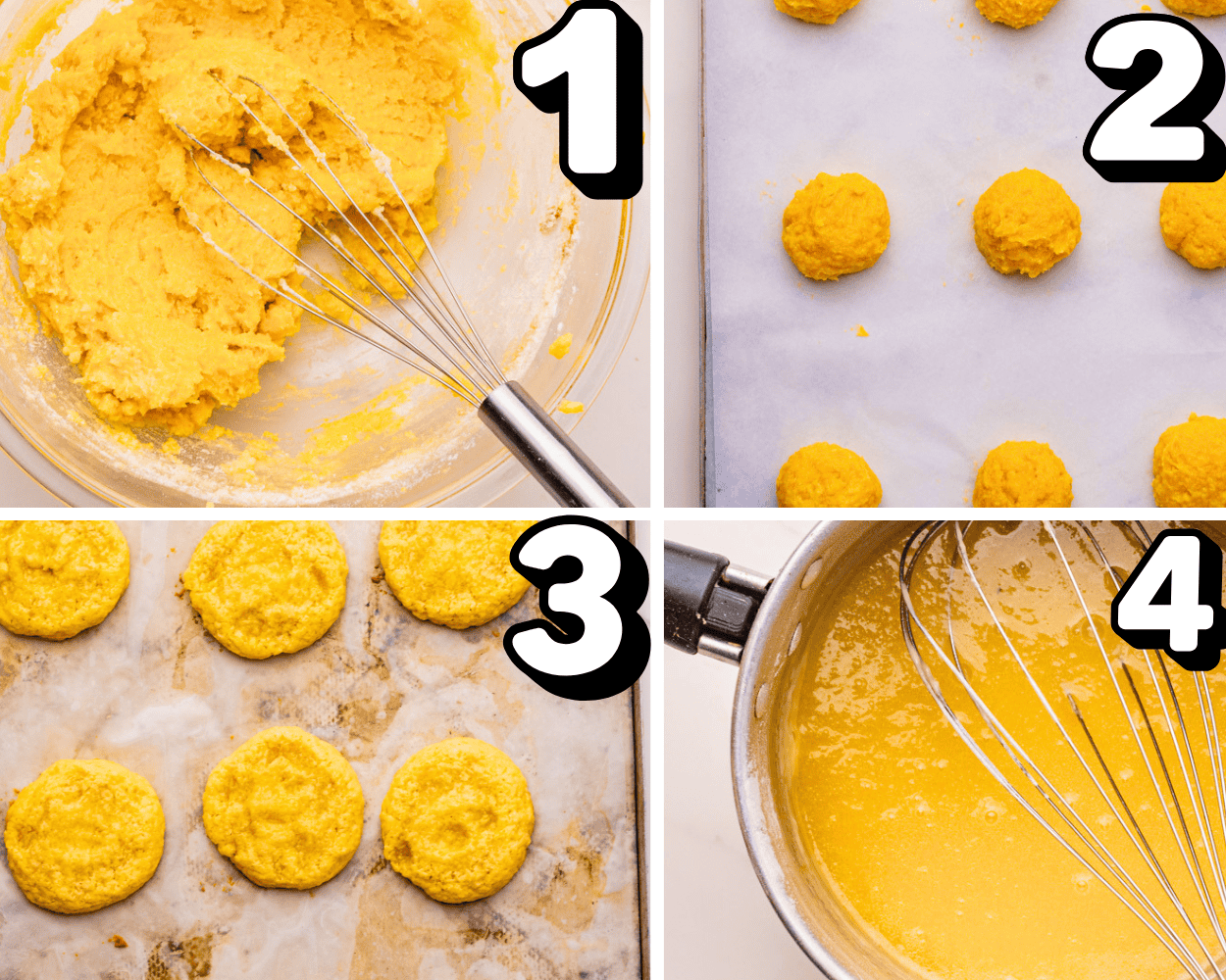 a 4 image collage showing how to make cookie dough, scoop it into balls, and how to make a butter glaze. 