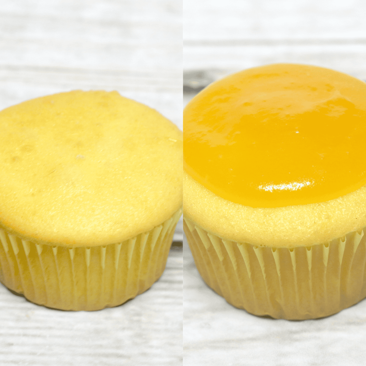 a 2 image collage showing how to add lemon curd on top of a lemon cupcake.