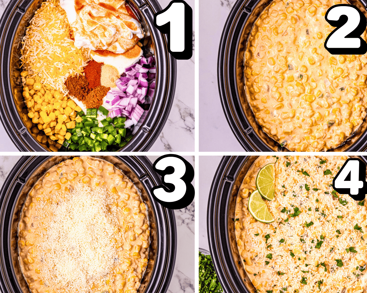 a 4 image collage showing how to mix street corn dip in the slow cooker, top with cotija cheese, lime, and cilantro.
