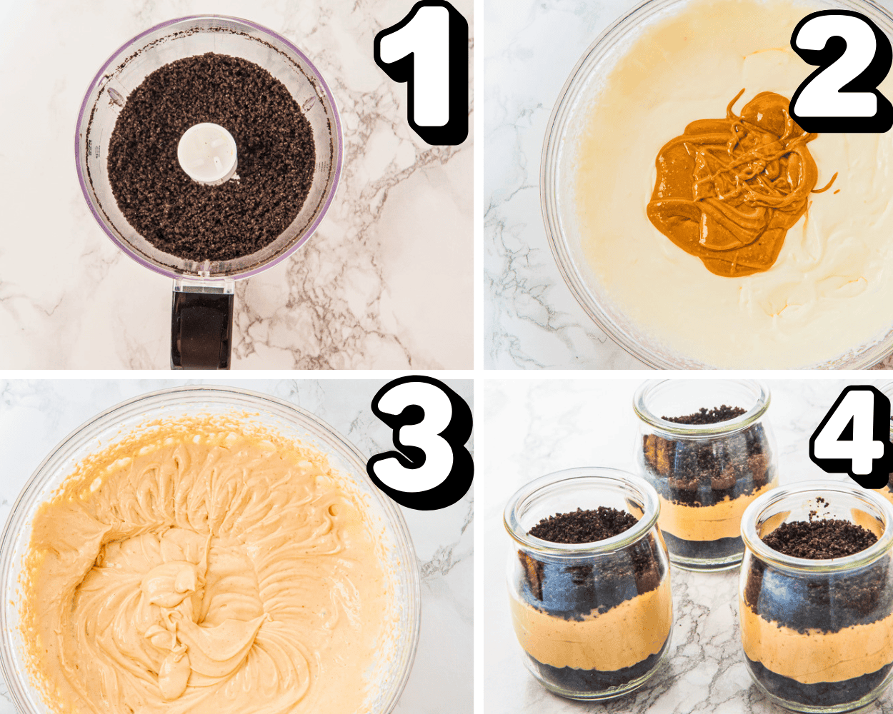 a 4 image collage showing how to make Oreo crumbs, mix peanut butter mousse, and layer it in jars.