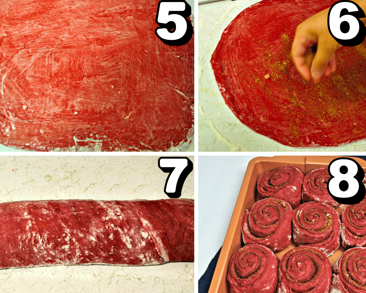 a 4 image collage showing how to add cinnamon to the dough, roll it into a log, and cut out cinnamon rolls.