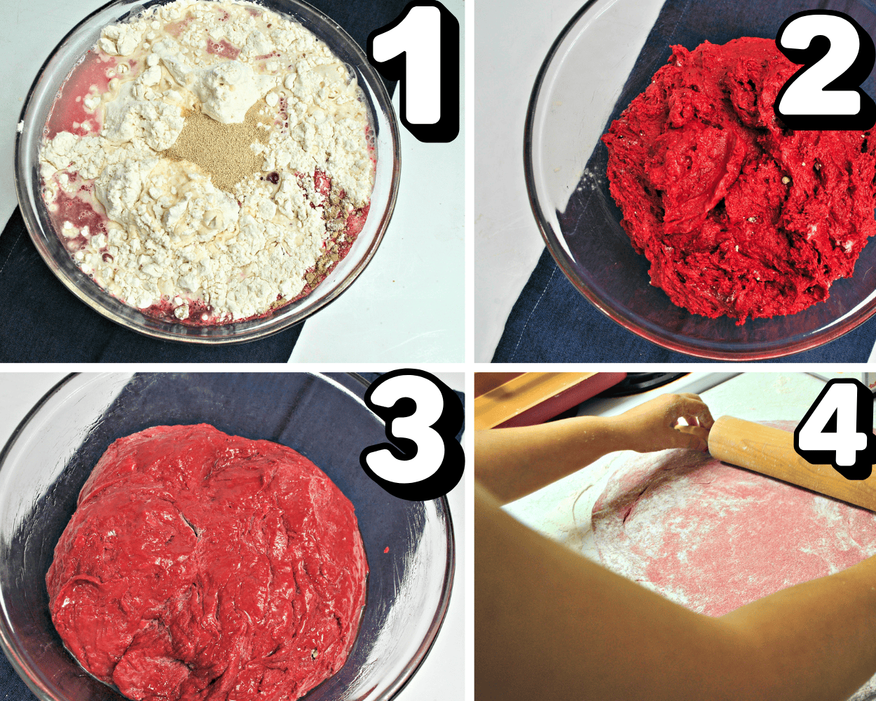 a 4 image collage showing how to make red velvet cinnamon roll dough, rise it, and roll it out.