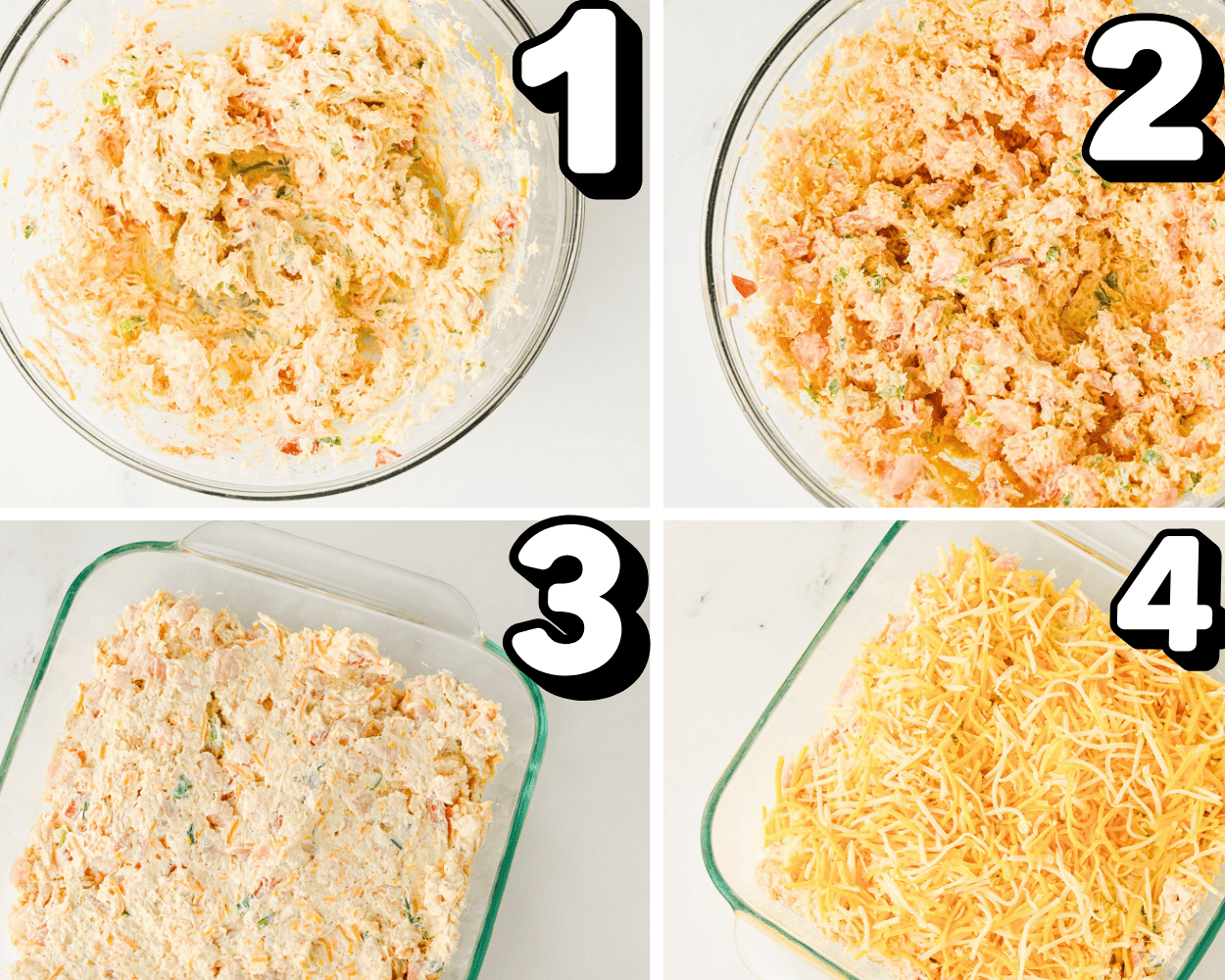 a 4 image collage showing how to mix, fold and top shrimp and crab dip.