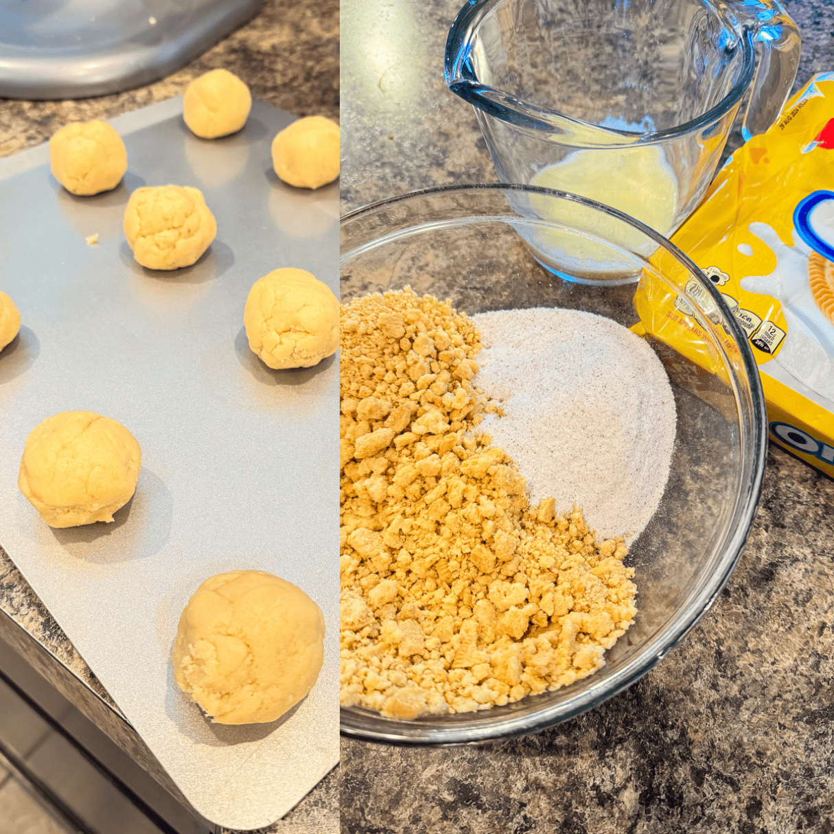 a 2 image collage showing how to roll cookie dough balls and make the strawberry shortcake topping.
