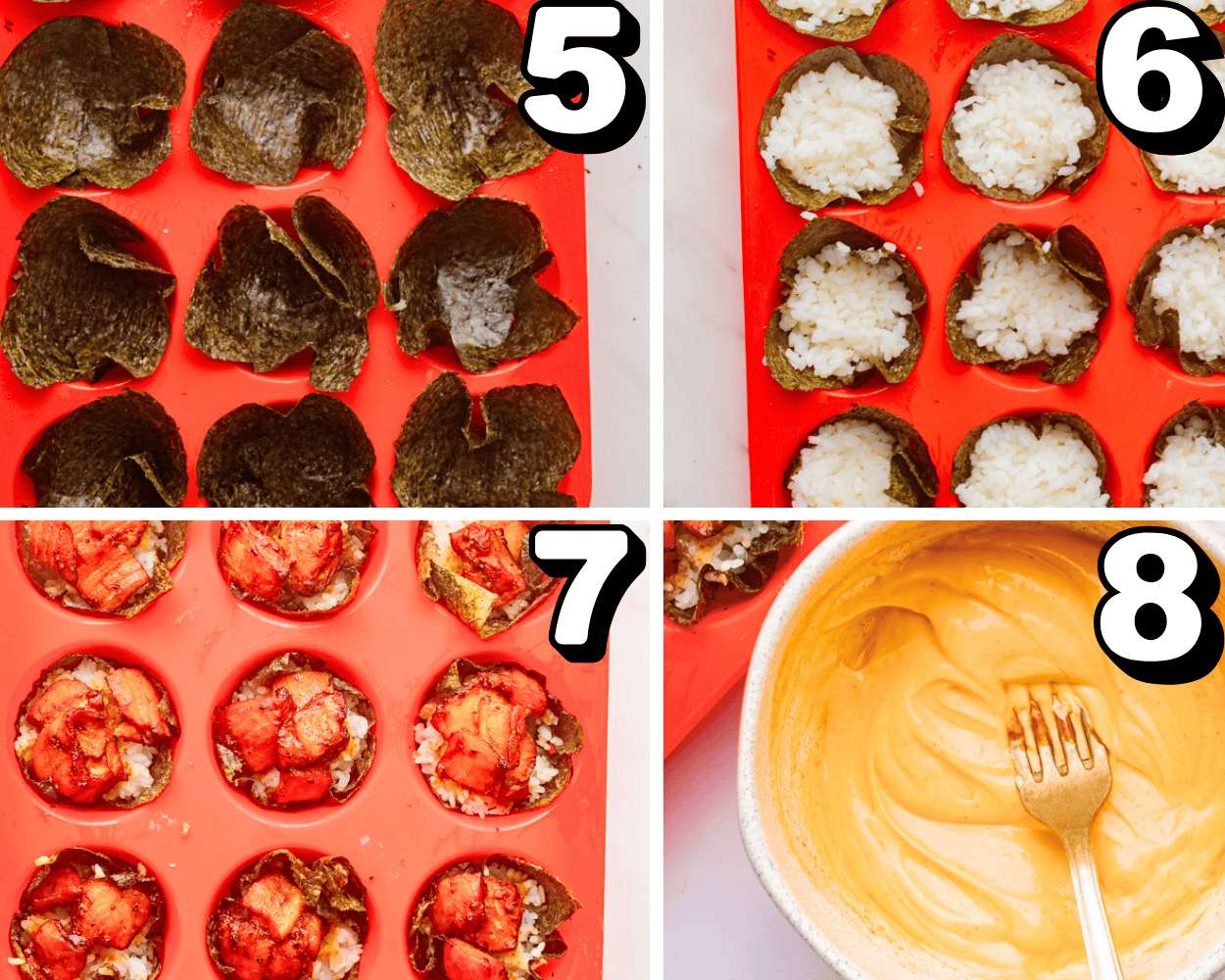 a 4 image collage showing how to put nori in a muffin pan, fill it with rice and salmon, and how to make spicy mayo.